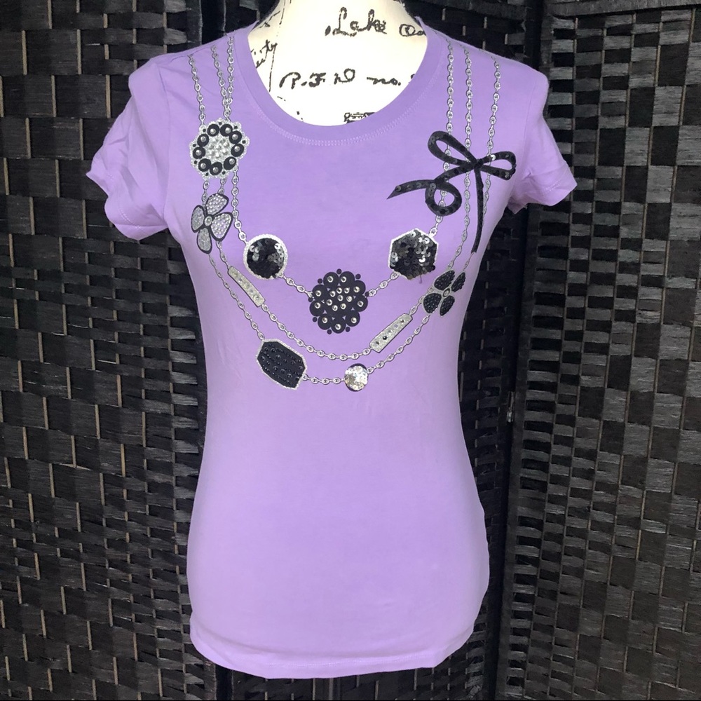 OVS Lavender Sequin Necklace Graphic T-Shirt Sz S